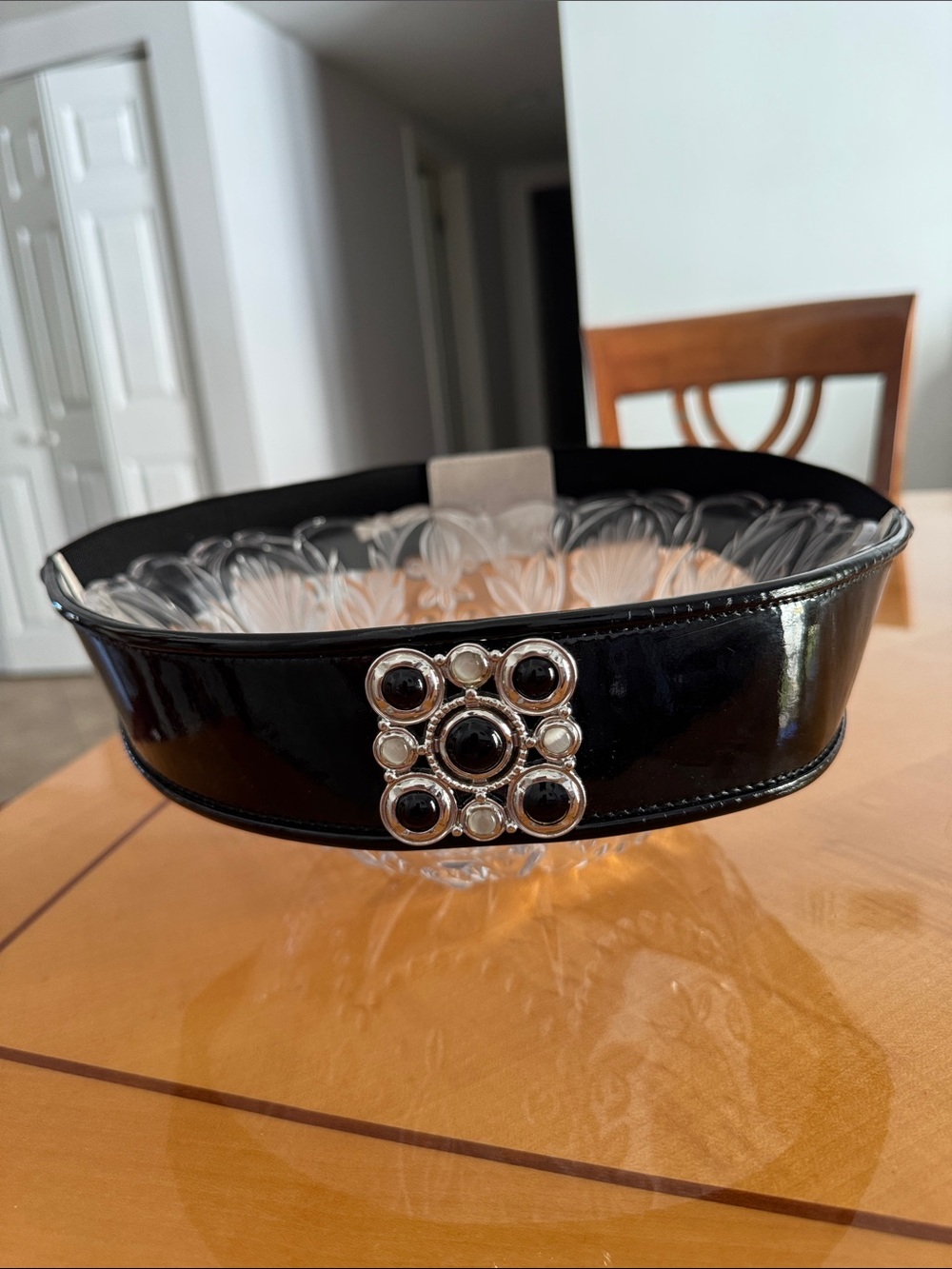 White House Black Market Black Patent Belt with Decorative Gem Buckle